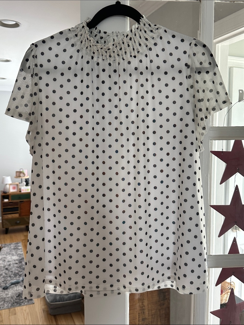 Sheer Polka Dot Smocked Neck Blouse - White/Black size large